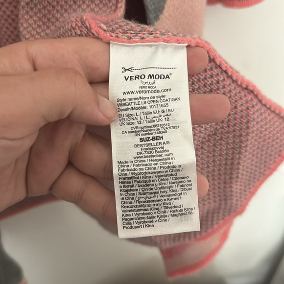 Vero Moda VMSEATTLE Long Sleeve Open Coatigan Pink & Grey Long Cardigan in Sz L - Picture 3 of 5